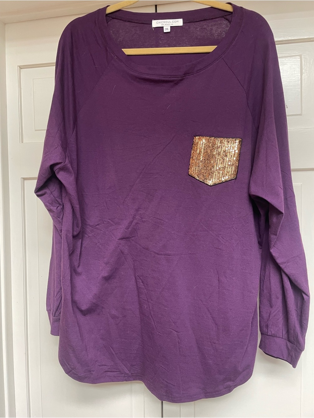 Chic Soul Purple Long Sleeve Top with Gold Sequin Pocket Accent- Ready for Game